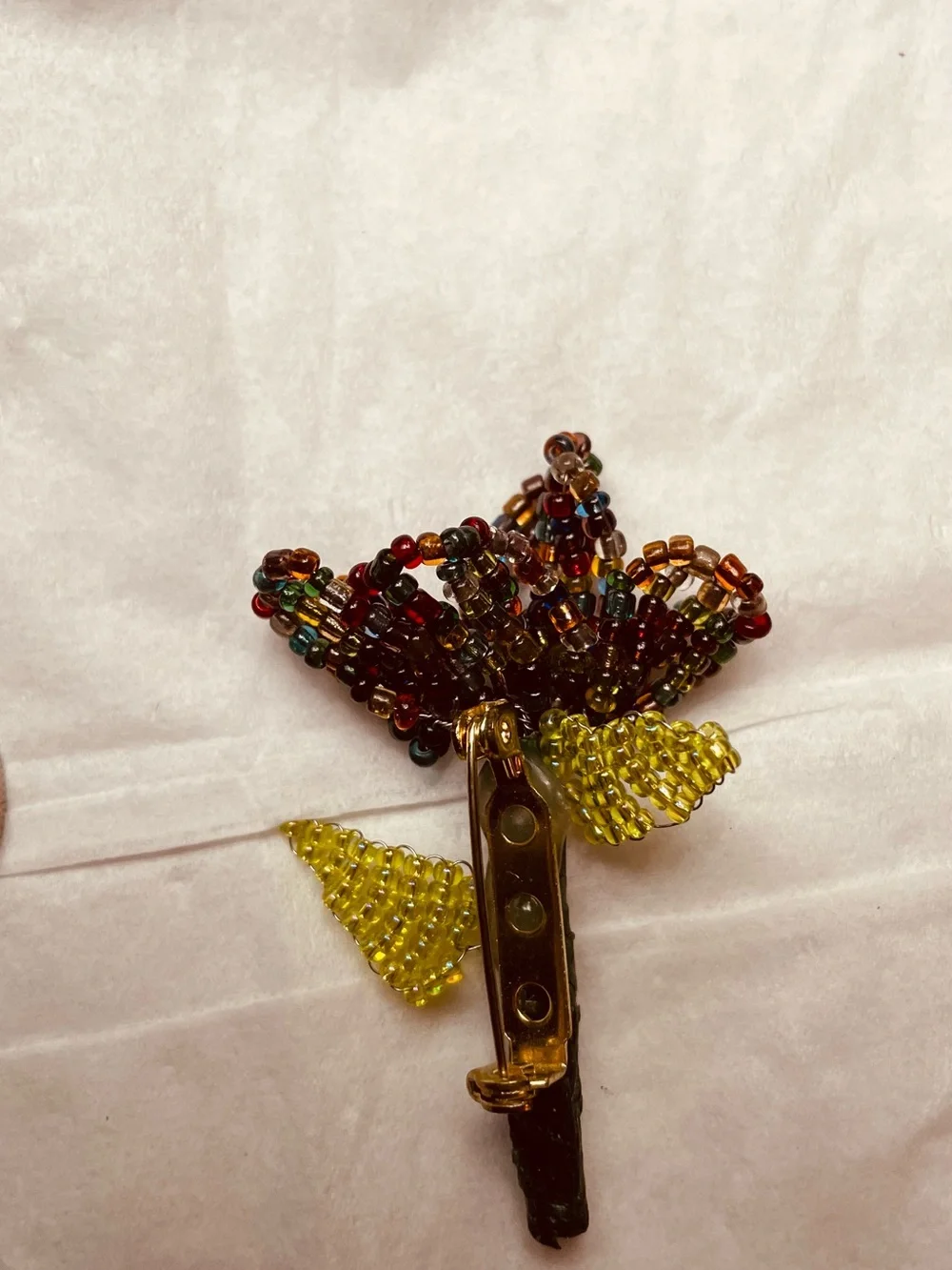 Beaded Floral Brooch in Purple Flower and Yellow Leaves.